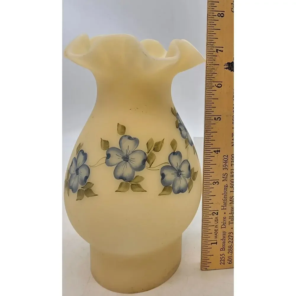 Fenton Glass Signed Globe for Hurricane Lamp Blue Dogwood On Satin Custard